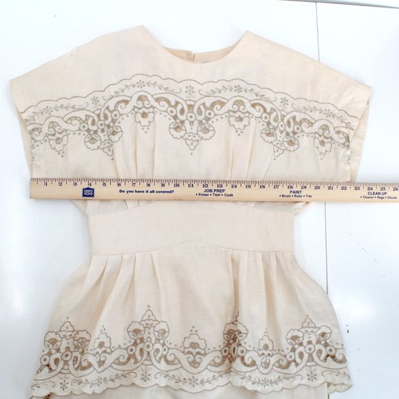 Vintage 80s Dress Ramie Cotton Lace Cutwork Embroidery Peplum Beige Midi 8 - Picture 11 of 15